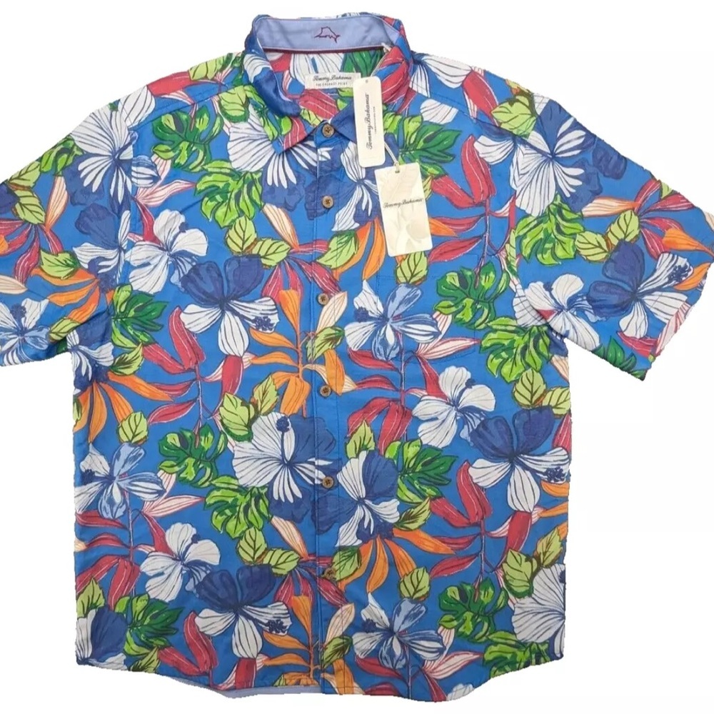 Tommy Bahama Hawaiian Shirt Men's Large Coconut Point Luau button up blue red